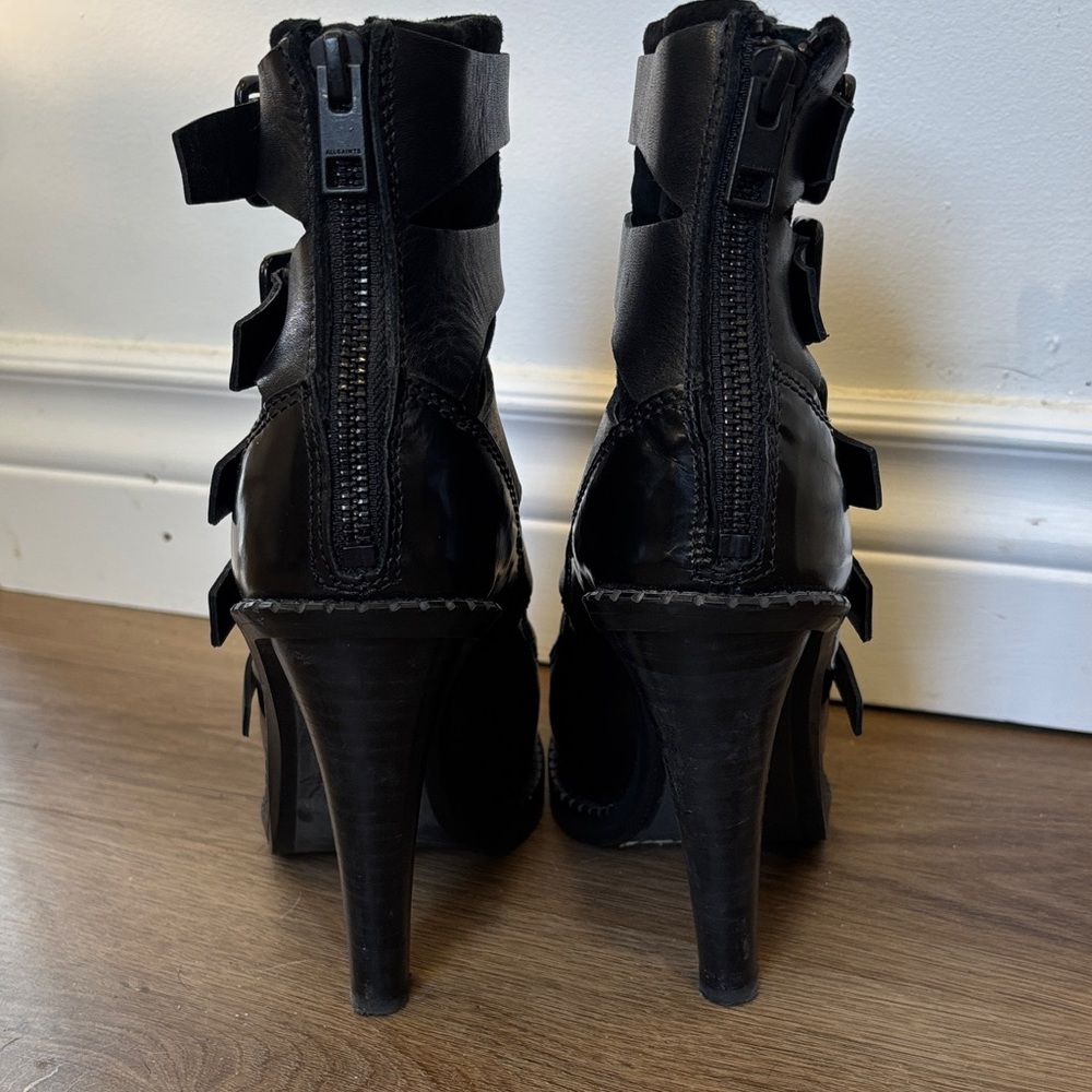 ALL SAINTS ‘Widow’ Black Leather Multi-Buckle Platform Heeled Boots 37 - Picture 8 of 12